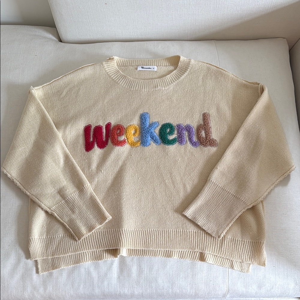 “Weekend” Cream and Rainbow Crewneck Sweater
